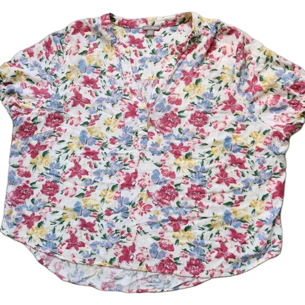 Falls Creek Linen Blend Floral Shirt Short Ruffle Sleeves V Neck Plus Sz 3X EUC